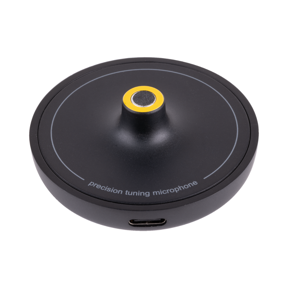 A circular black precision tuning microphone with a central yellow ring accent and a USB-C port on the side, shown on a plain white background.