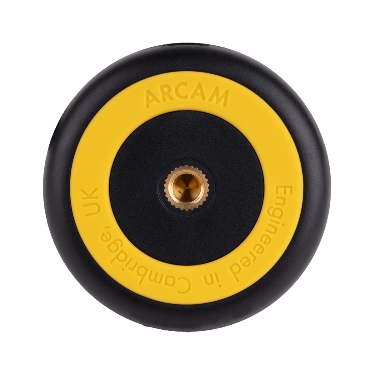 An Arcam AVA25 calibration mic with a black outer ring, a yellow inner ring, and a gold threaded center screw, shown on a plain white background.