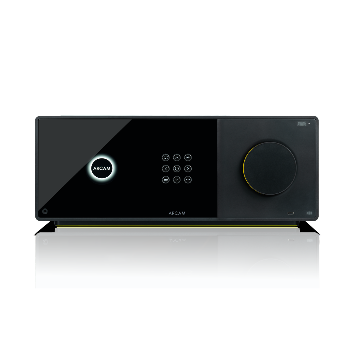 A sleek black Arcam audio receiver or amplifier with a glossy front panel, illuminated logo, central buttons, and a large rotary control on the right, shown on a white background with a soft reflection below.