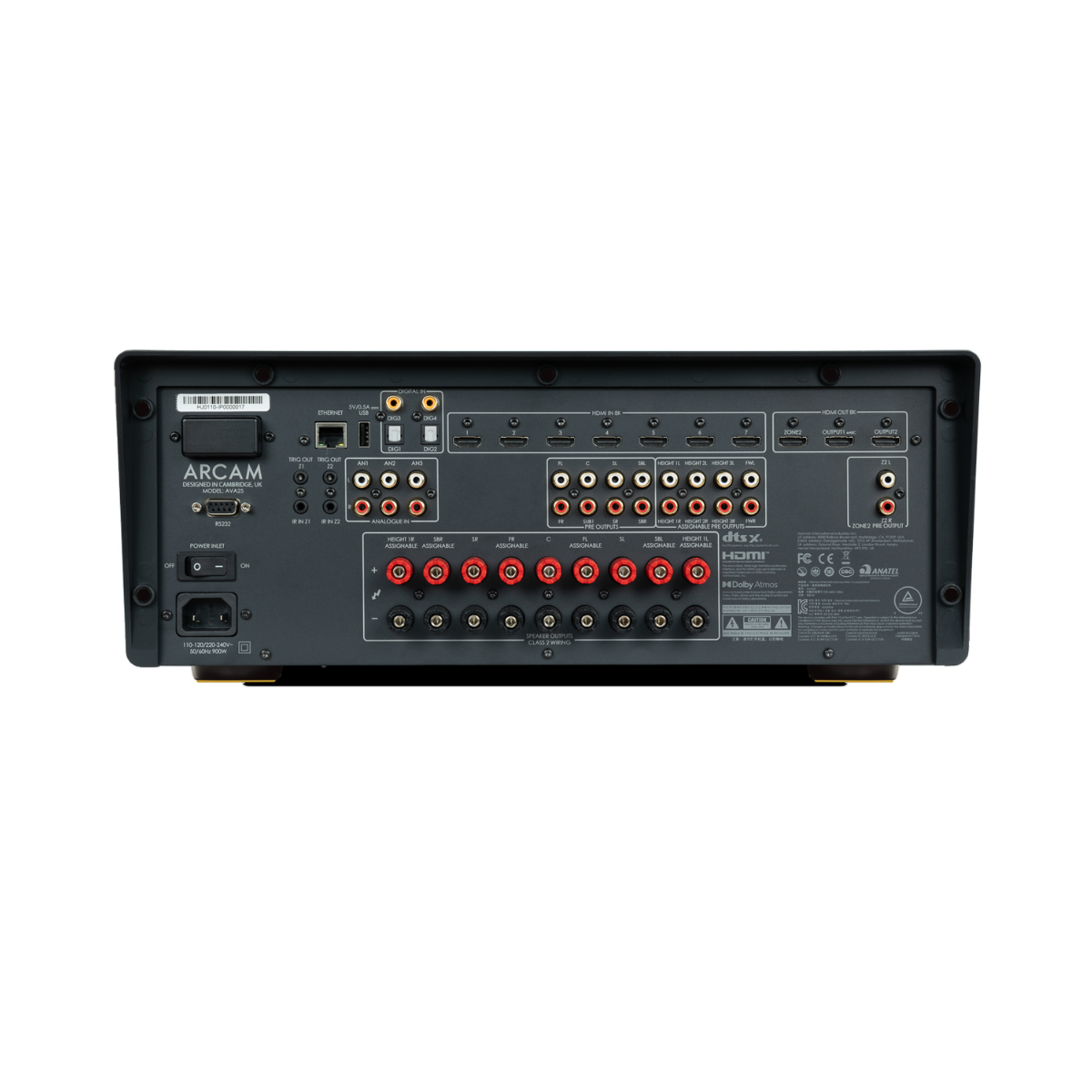 The rear panel of an Arcam Radia AVA25 9-channel Class A/B Home Theater Receiver, showing various audio and video input/output connectors, power supplies, and ports on a solid white background.