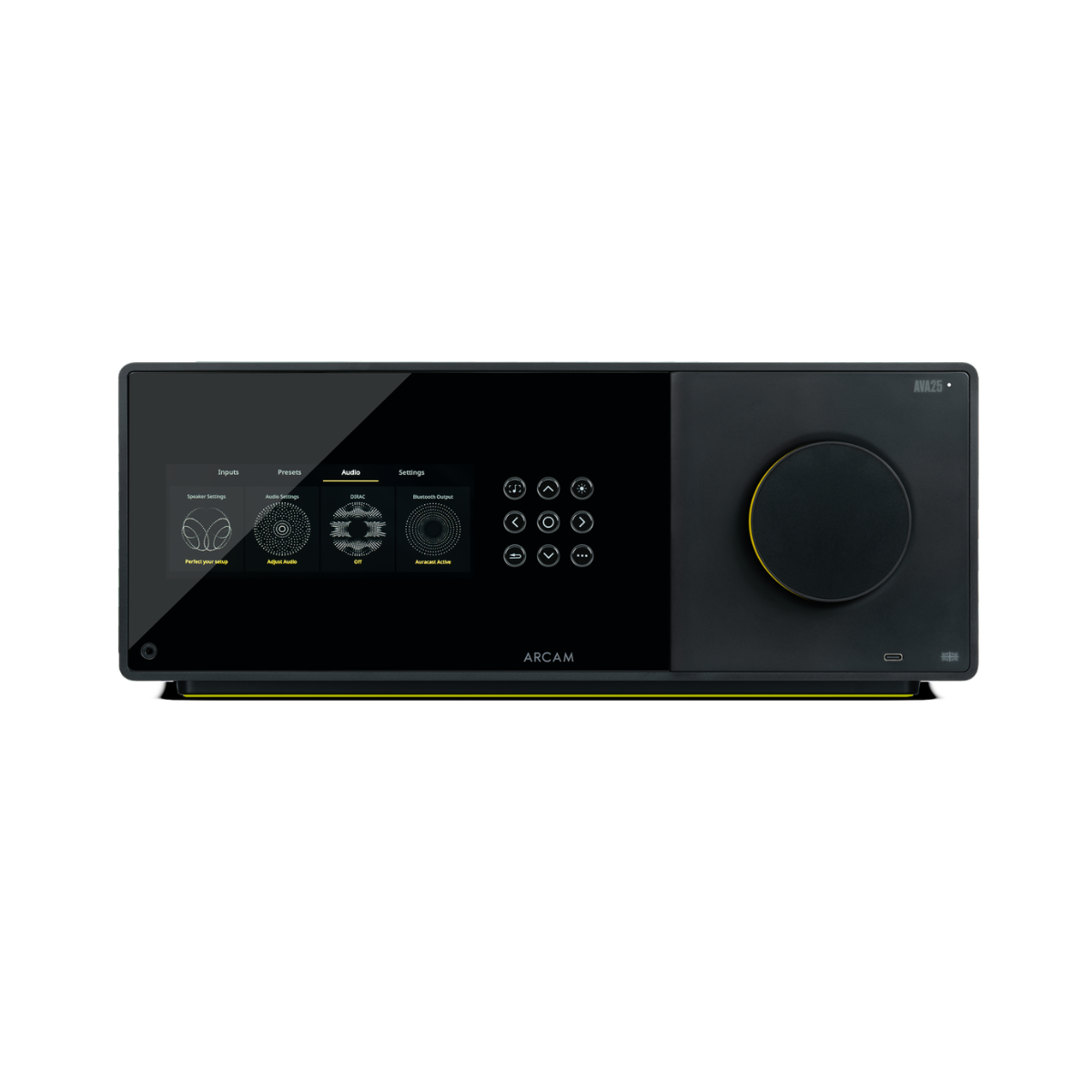 A sleek black Arcam Radia AVA25 9-channel Class A/B Home Theater Receiver with a glossy touch display panel, a large circular control dial, and a row of buttons on the front, shown against a plain white background.