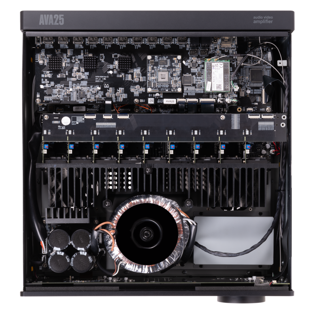 Front view of an open black AVA25 solid state video amplifier chassis, showing internal electronic components, heatsinks, capacitors, and a large cooling fan on a white background.