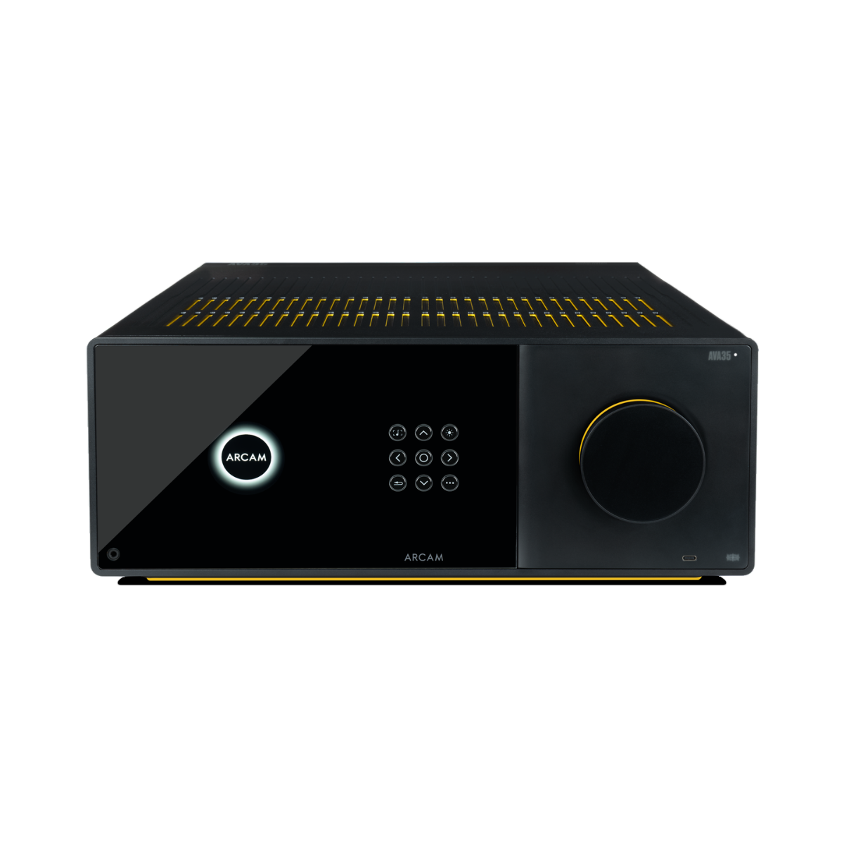 A sleek black Arcam Radia AVA35 9-channel Class G Home Theater Receiver with a glossy front panel, illuminated logo, control buttons, and a large volume knob, shown on a solid white background.