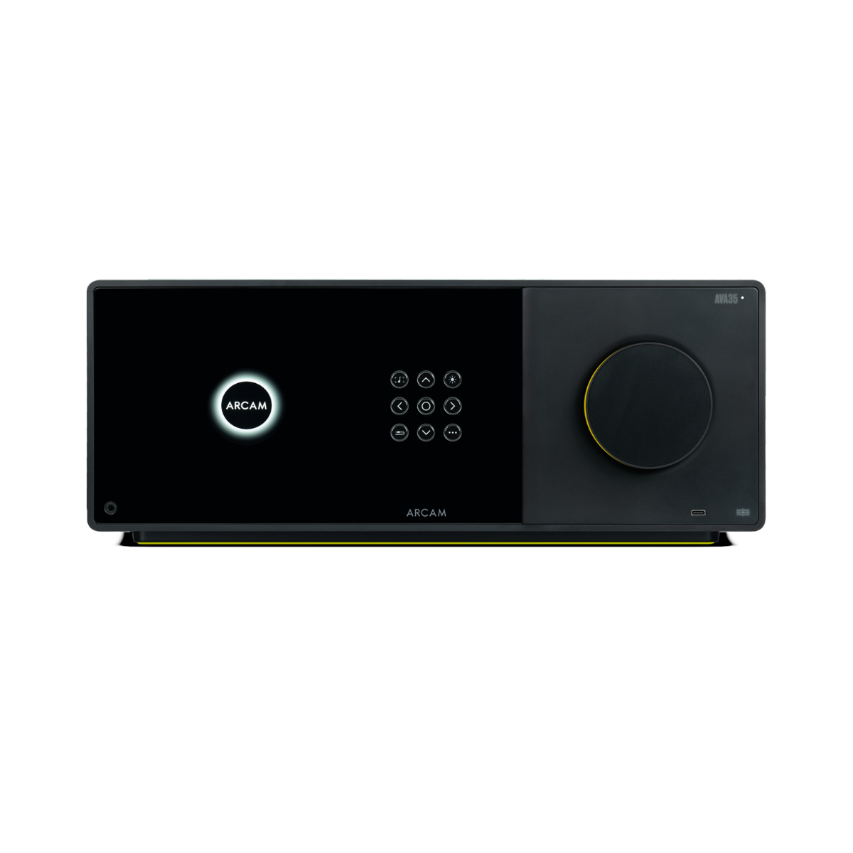 Arcam Radia AVA35 9-channel Class G Home Theater Receiver on a solid white background, featuring a black front panel with a glowing logo, control buttons, and a large volume knob.