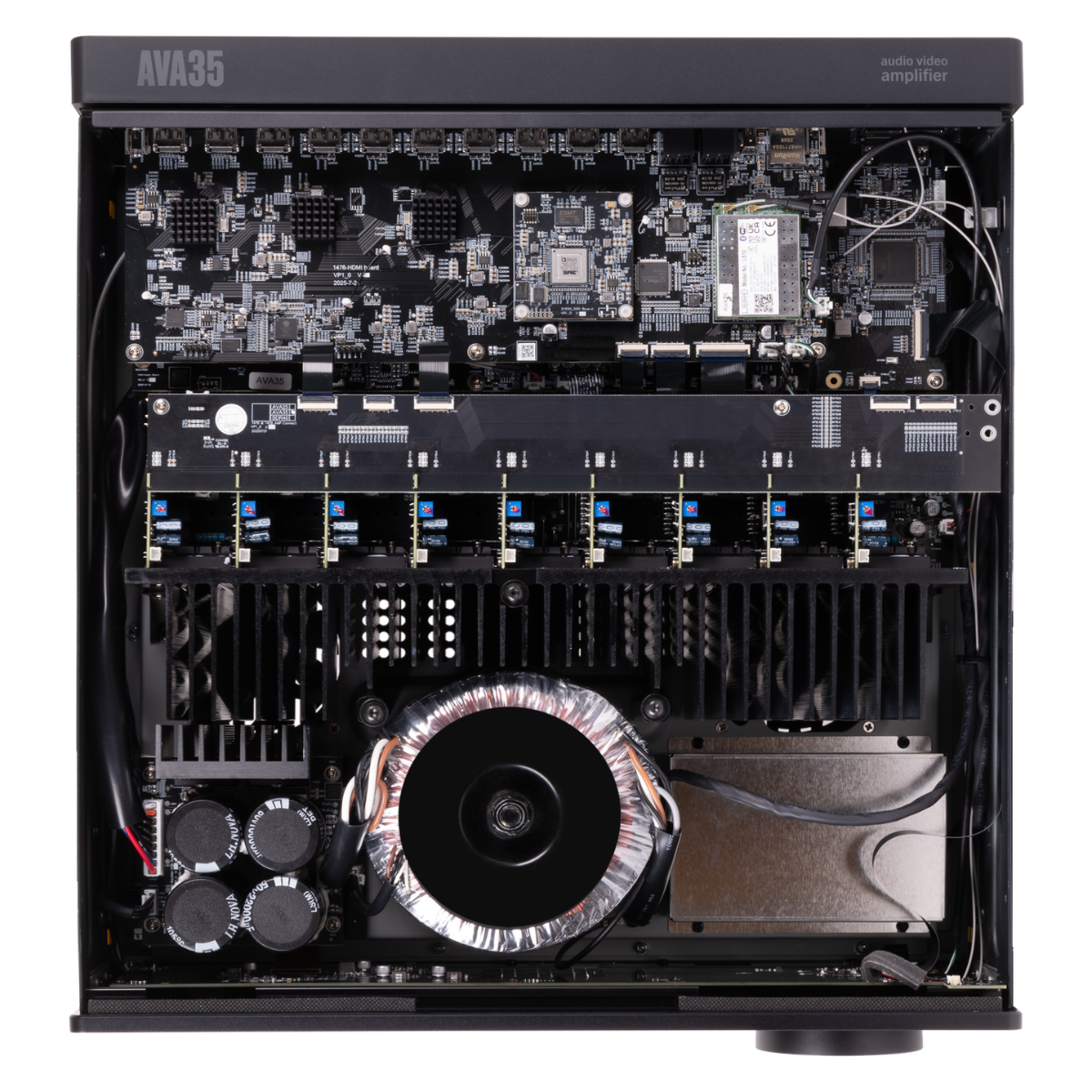 Front view of an Arcam Radia AVA35 9-channel Class G Home Theater Receiver showing the internal electronic components, power supply, cooling fans, and circuit boards on a white background.