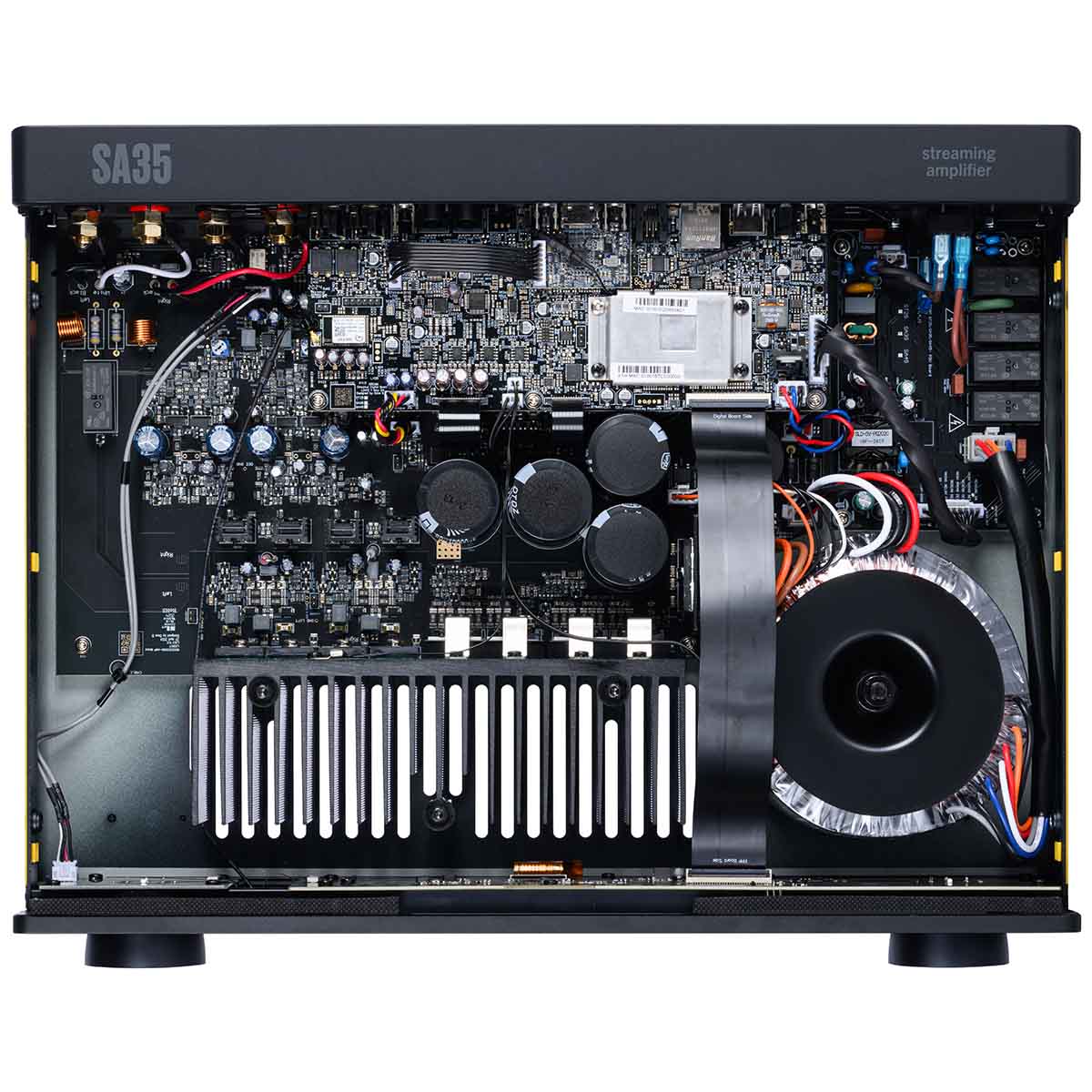 Arcam SA35 Streaming Integrated Amplifier - Black - top view with top casing removed showing internal components