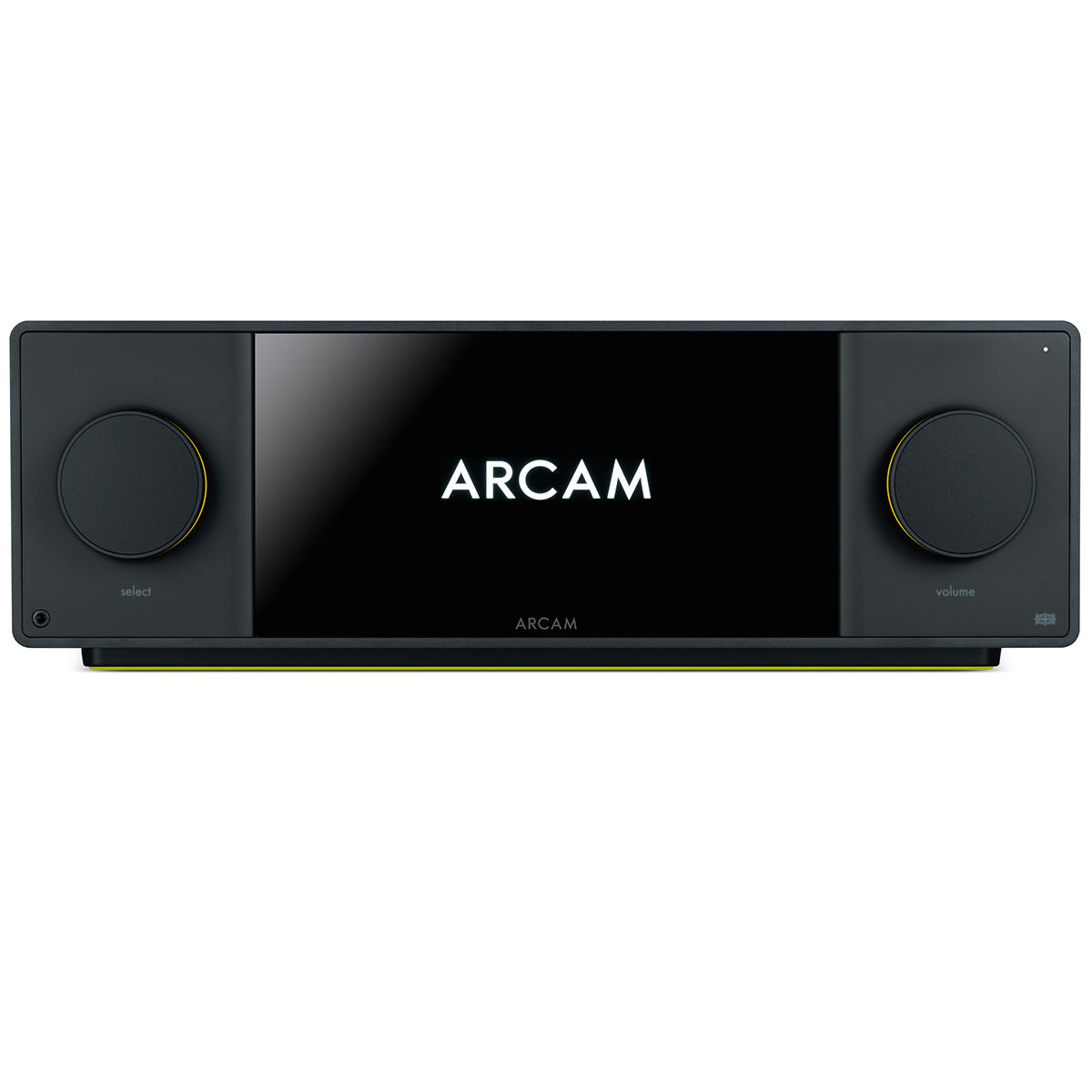 Arcam SA45 Streaming Integrated Amplifier - Black - front panel with display showing Arcam logo