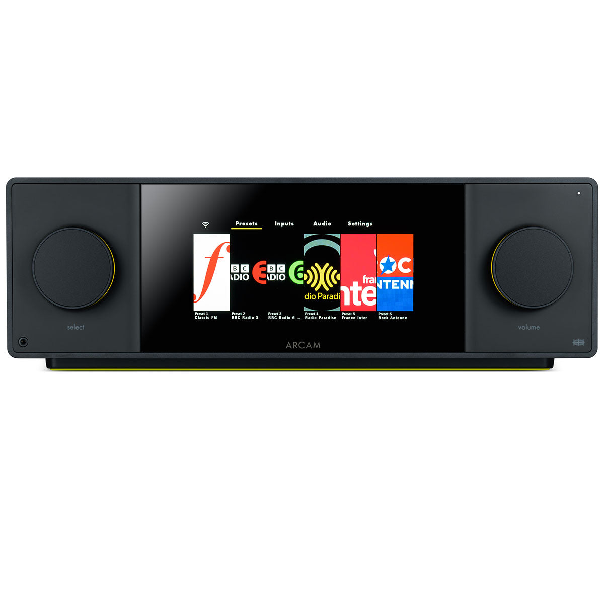 Arcam SA45 Streaming Integrated Amplifier - Black - front panel with display showing streaming presets