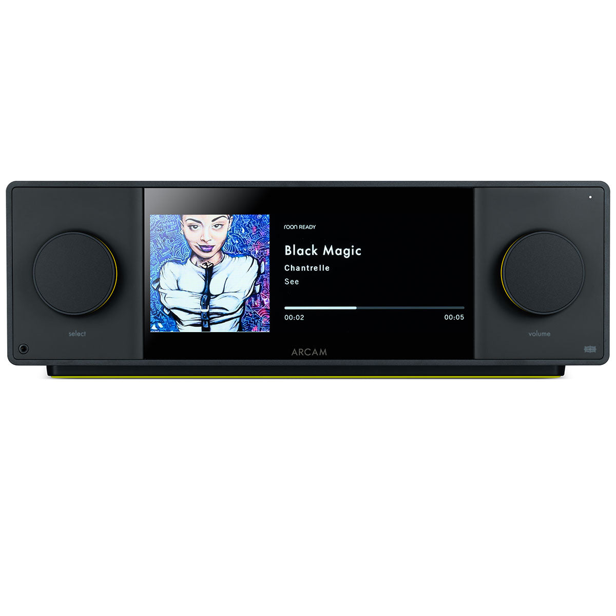 Arcam SA45 Streaming Integrated Amplifier - Black - front panel with display showing album cover and song metadata