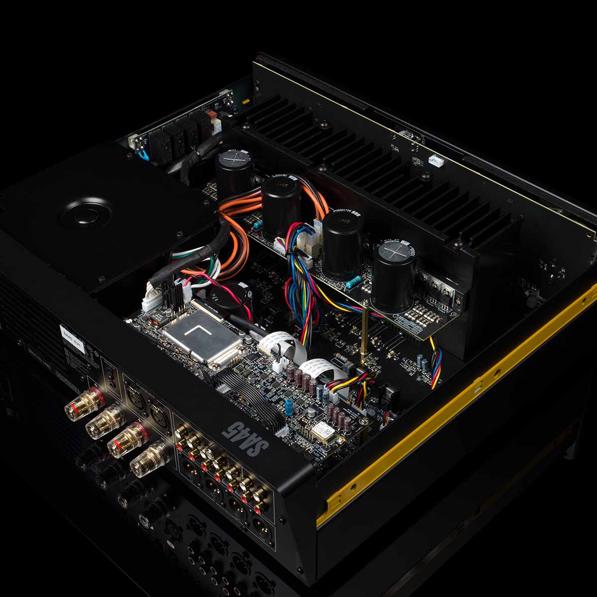 Arcam SA45 Streaming Integrated Amplifier - Black - rear and top view with top casing removed showing internal components