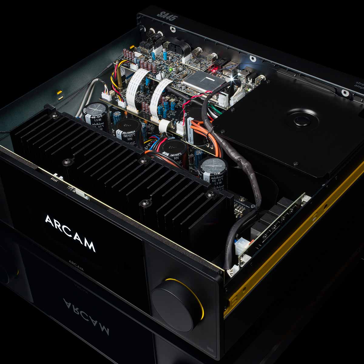 Arcam SA45 Streaming Integrated Amplifier - Black - front and top view with top casing removed showing internal components