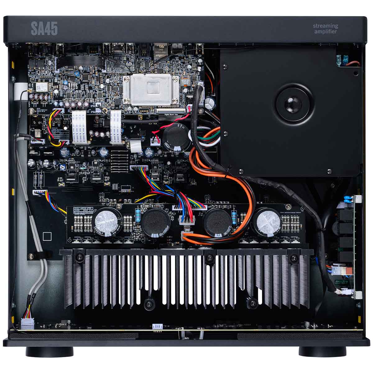 Arcam SA45 Streaming Integrated Amplifier - Black - top view with casing removed showing internal components