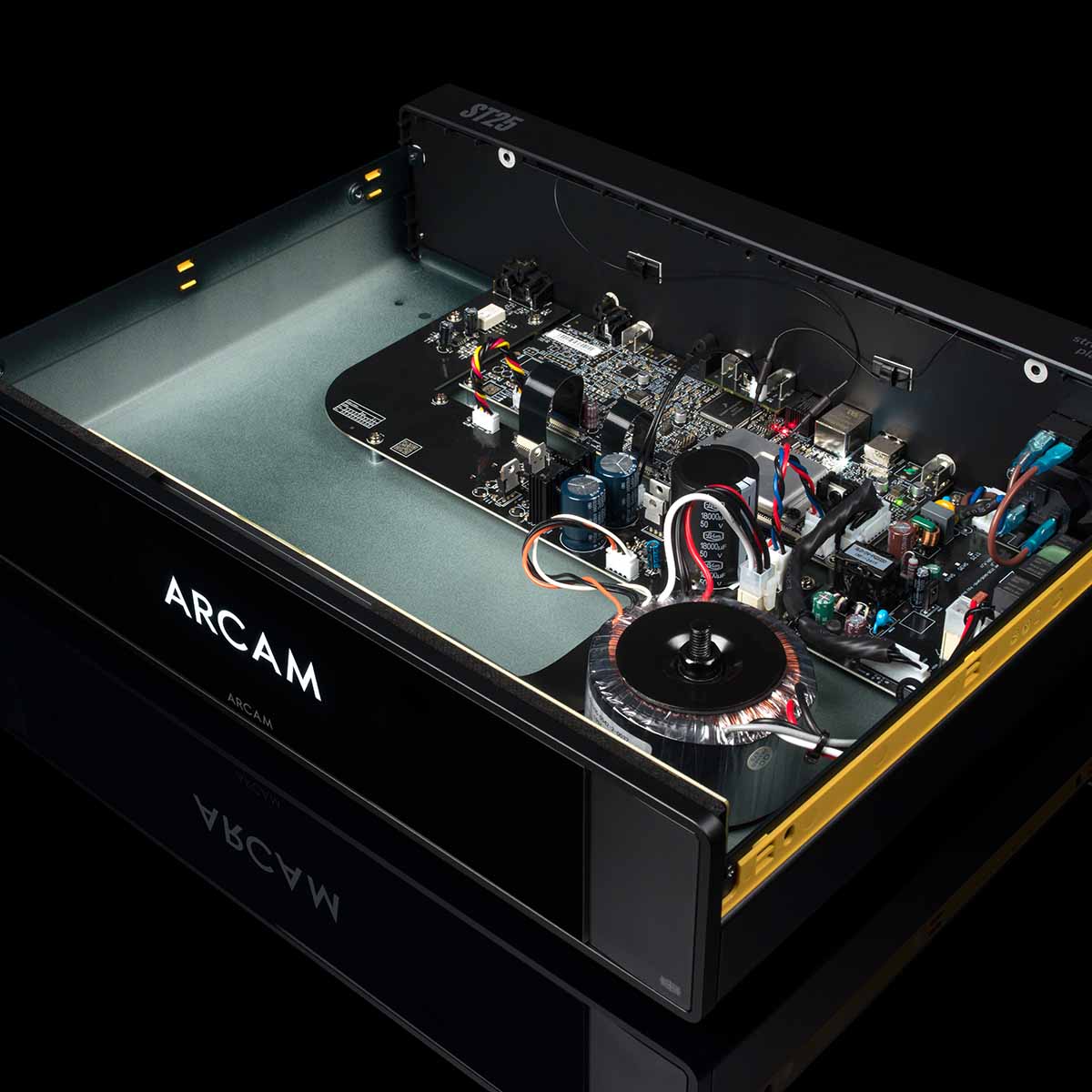 Arcam ST25 High-Resolution Streamer - Black - front and top view with top casing removed showing internal components