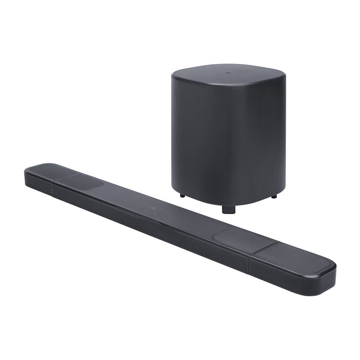 JBL Bar 1000MK2 7.1.4 Channel Soundbar System - front view angled left of soundbar and subwoofer with surround speakers attached to bar