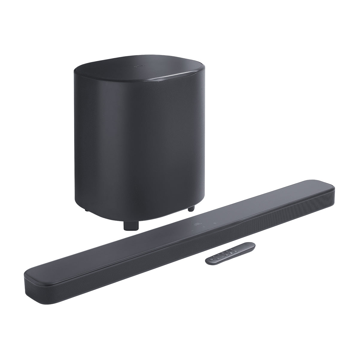 JBL Bar 500 M2 5.1 Soundbar with Wireless Subwoofer front view angled right with remote in front