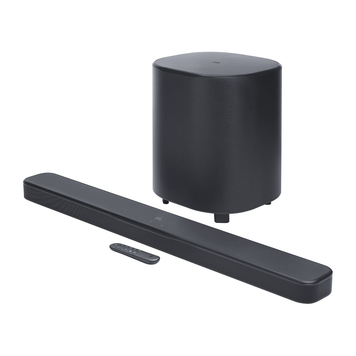 JBL Bar 500 M2 5.1 Soundbar with Wireless Subwoofer front view angled left with remote in front