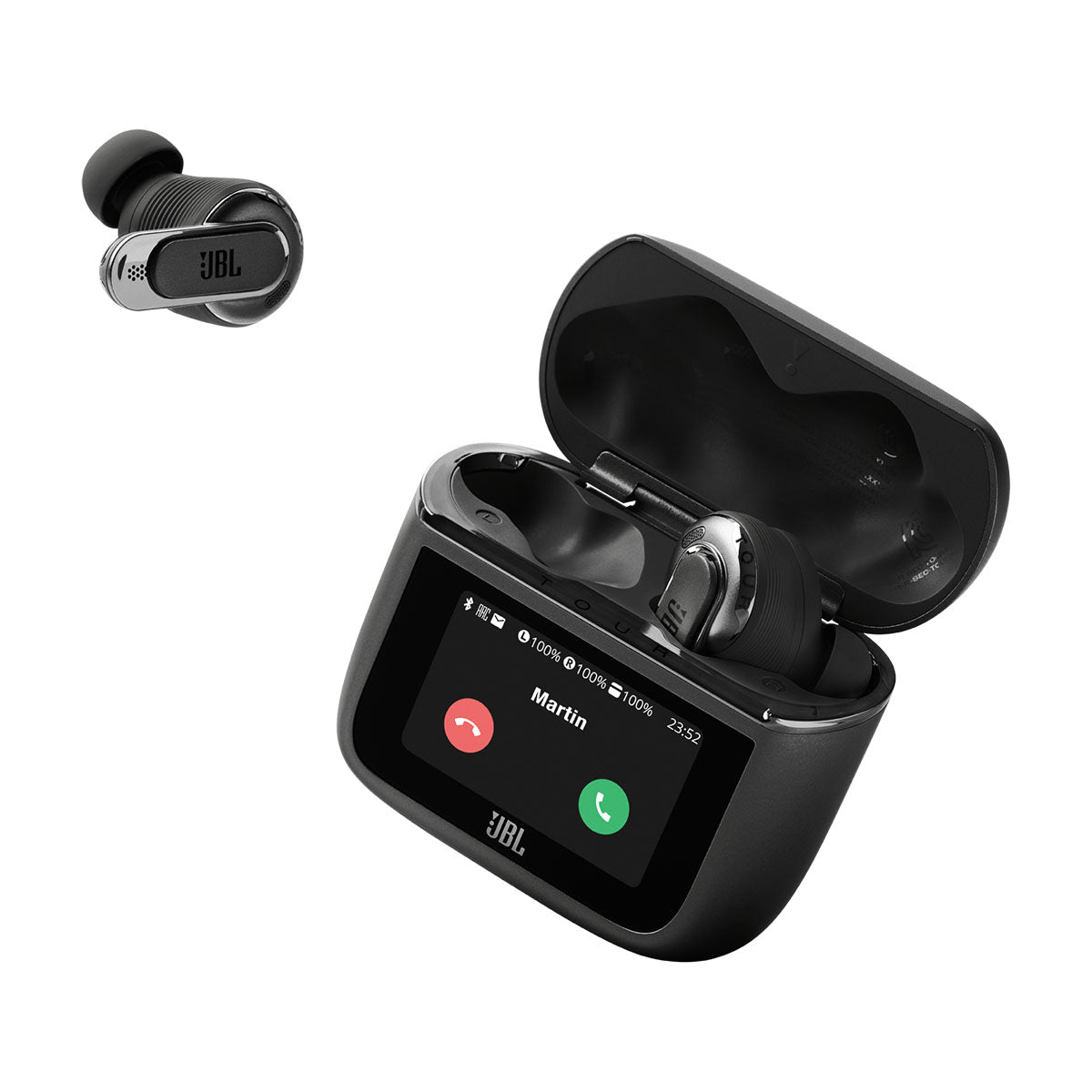 JBL Tour Pro 3 True Wireless Noise Cancelling Earbuds - black front angled view with case lid open and screen displaying incoming phone call, left earbud out of case to left case and right earbud in case