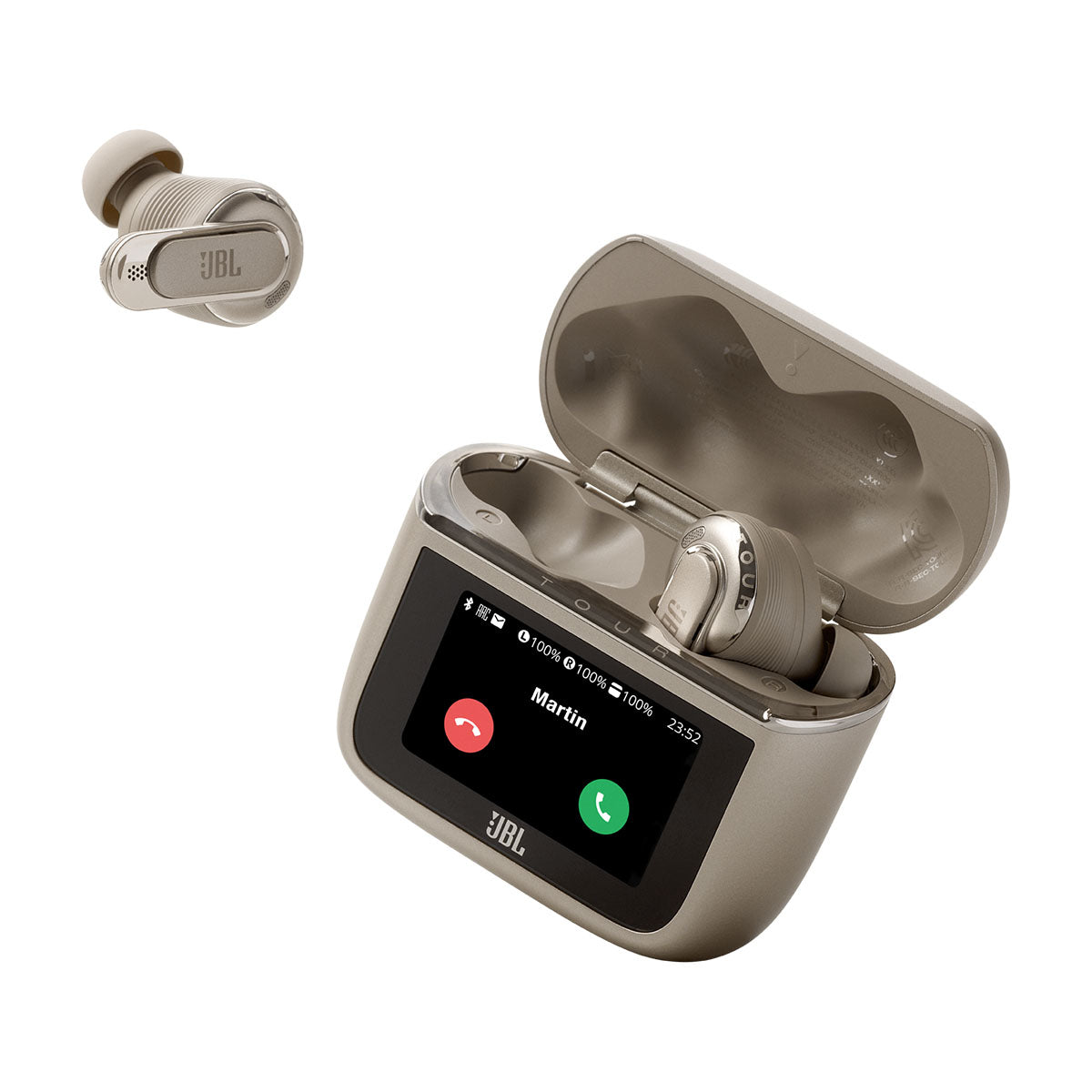 JBL Tour Pro 3 True Wireless Noise Cancelling Earbuds - latte front angled view with case lid open and screen displaying incoming phone call, left earbud out of case to left case and right earbud in case