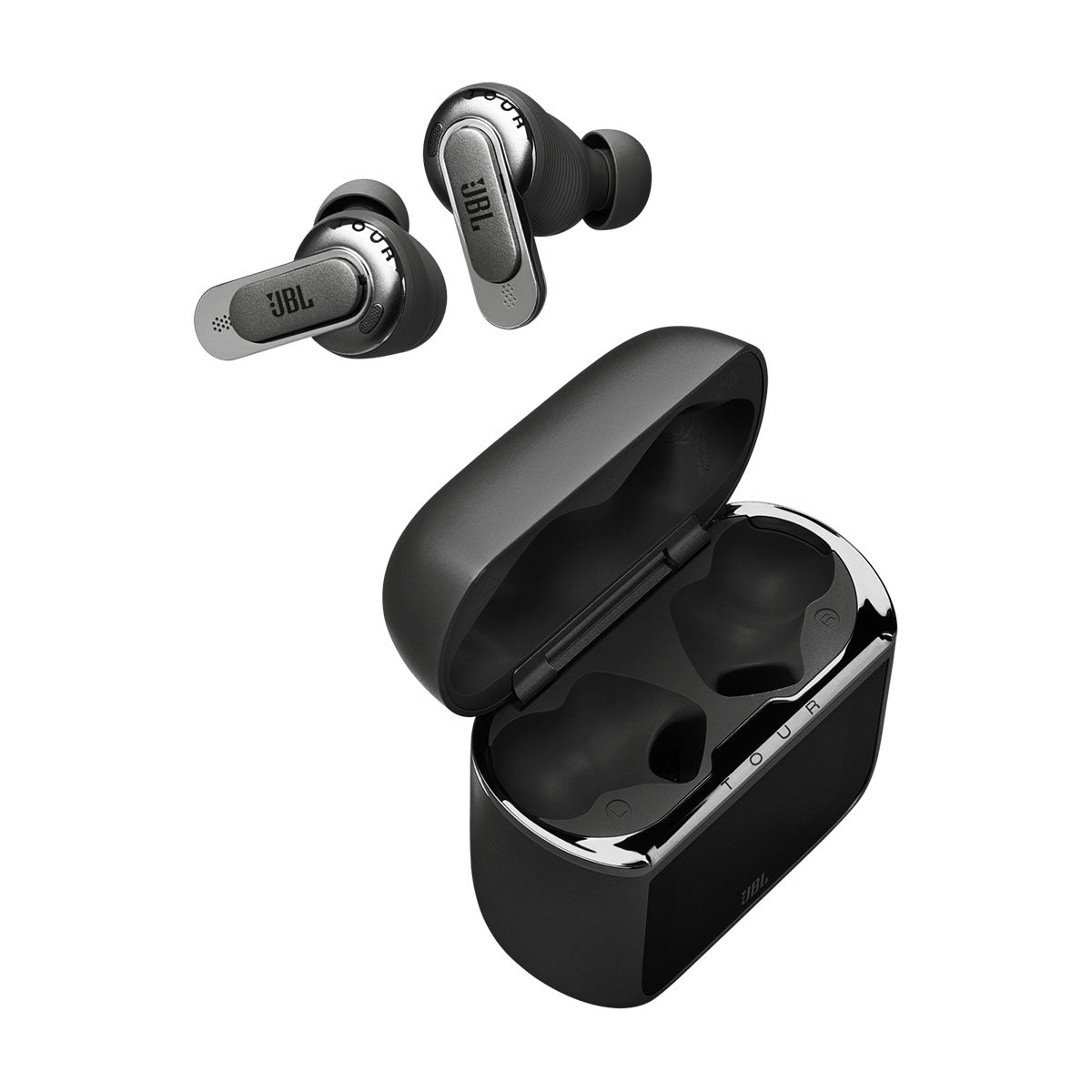 JBL Tour Pro 3 True Wireless Noise Cancelling Earbuds - black top angled view with case lid open and both earbuds above case