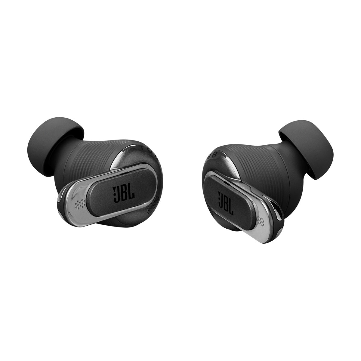 JBL Tour Pro 3 True Wireless Noise Cancelling Earbuds - black earbuds side by side laying on side