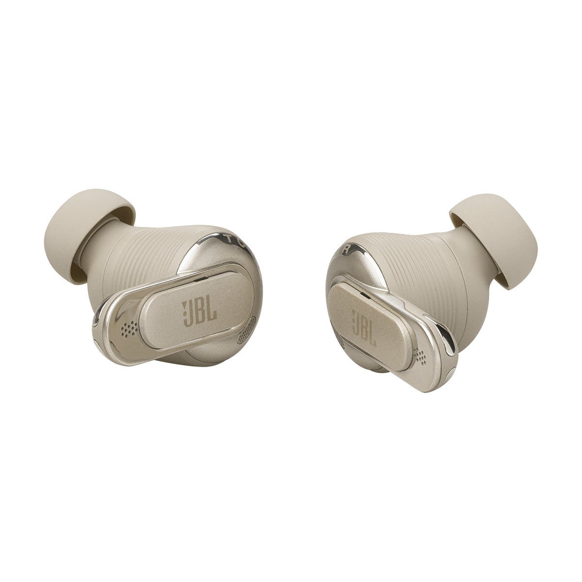 JBL Tour Pro 3 True Wireless Noise Cancelling Earbuds - latte earbuds side by side laying on side