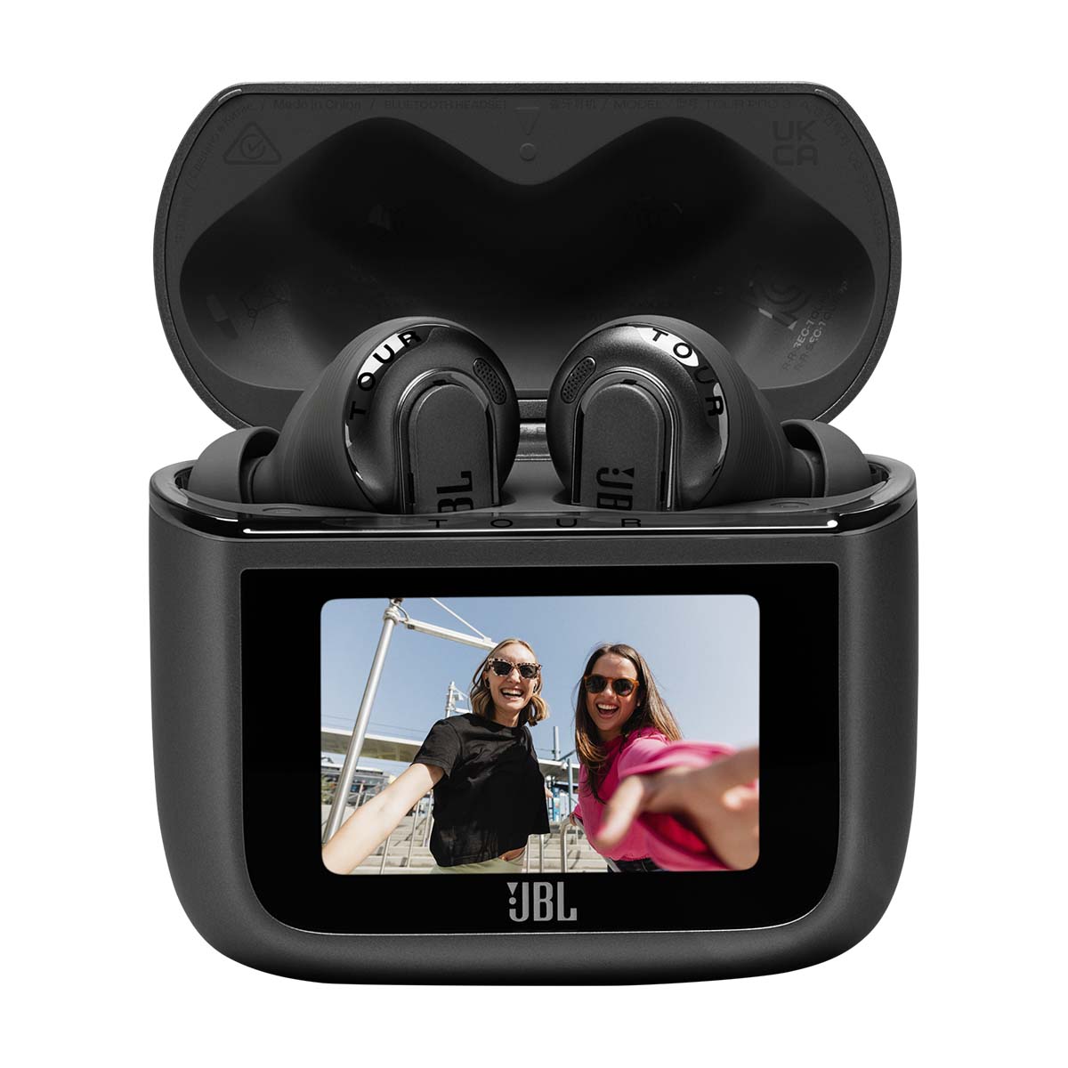 JBL Tour Pro 3 True Wireless Noise Cancelling Earbuds - black both earbuds in case with open lid and image on screen