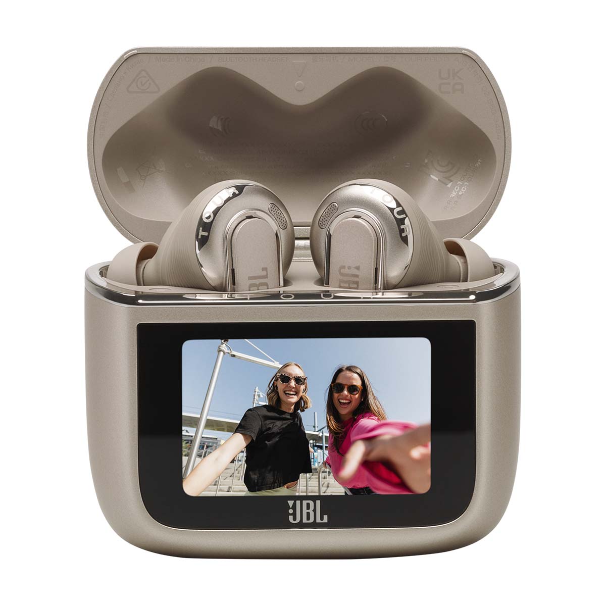 JBL Tour Pro 3 True Wireless Noise Cancelling Earbuds - latte both earbuds in case with open lid and image on screen