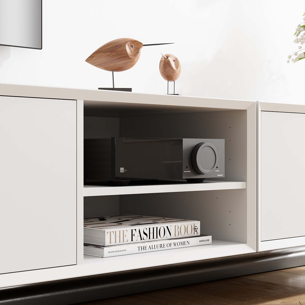 Lyngdorf TDAI-2210 Streaming Integrated Amplifier with RoomPerfect lifestyle shot of unit in cabinet