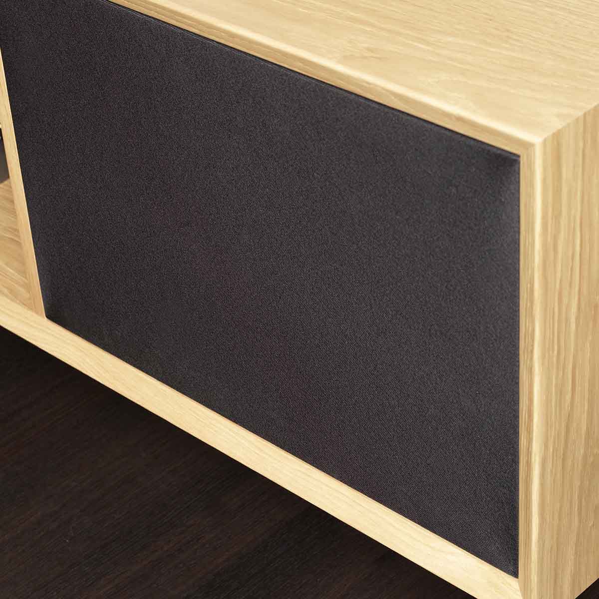Lyngdorf CS-1 Speaker lifestyle shot of speaker in cabinet with door grille closed