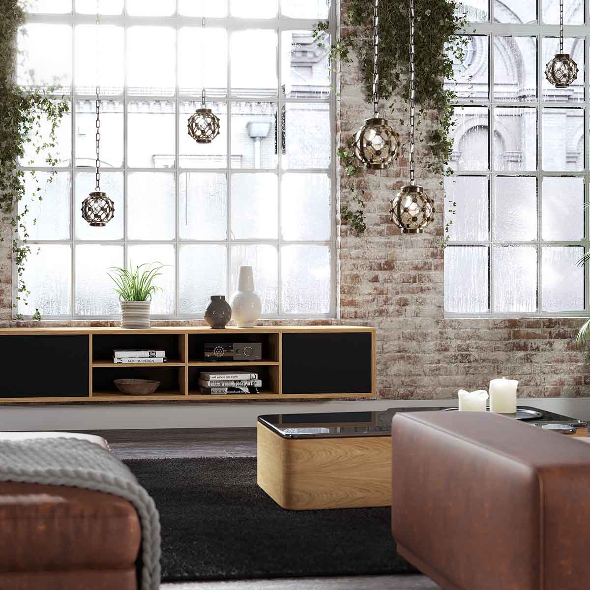 Lyngdorf CS-1 Speaker lifestyle shot of speaker in cabinet with door grille closed