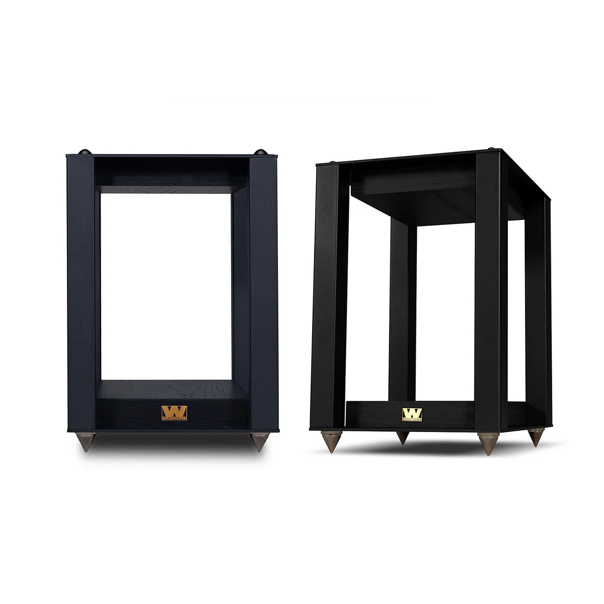 Wharfedale Linton Stands - pair in black - front and angled front views