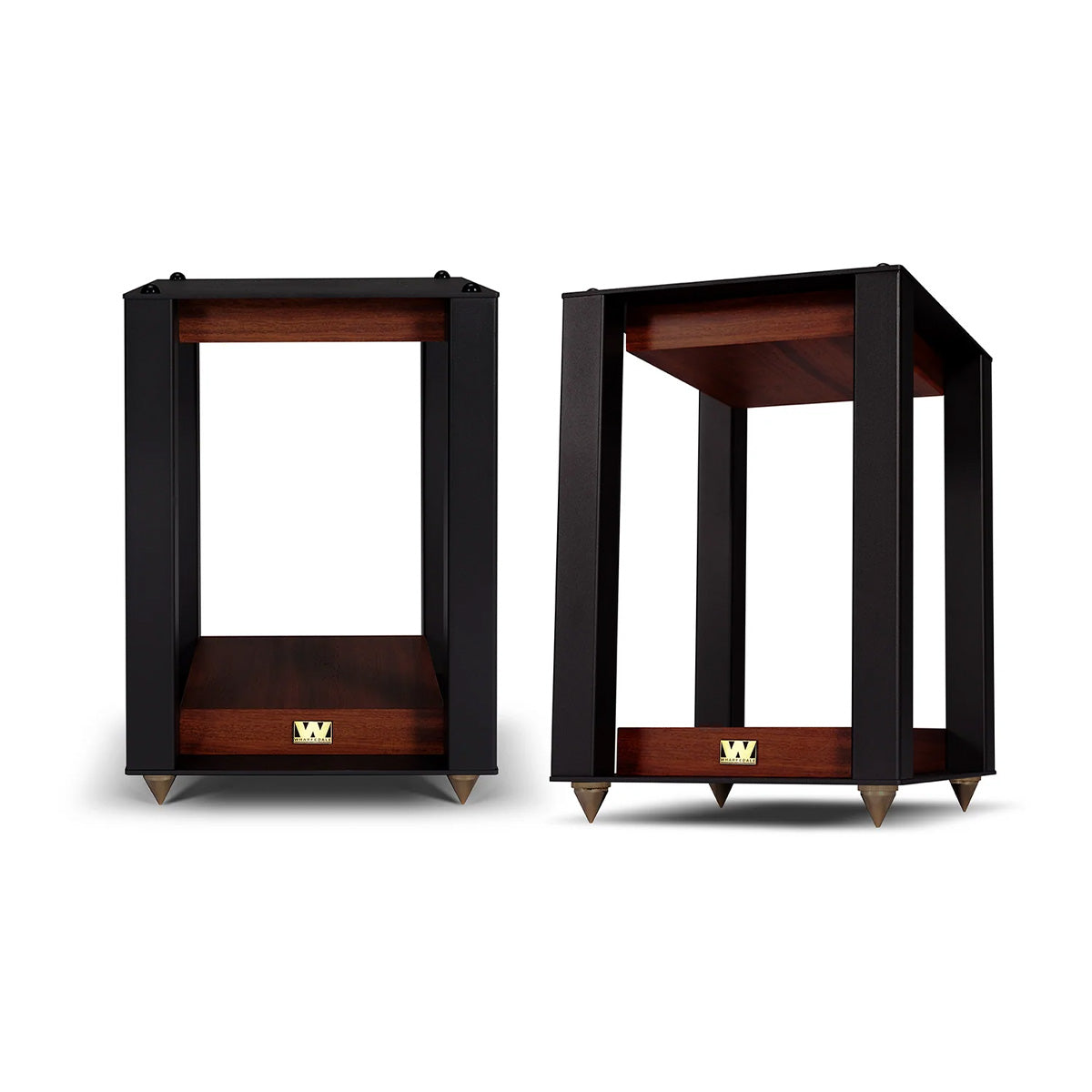 Wharfedale Linton Stands - pair in mahogany - front and angled front views