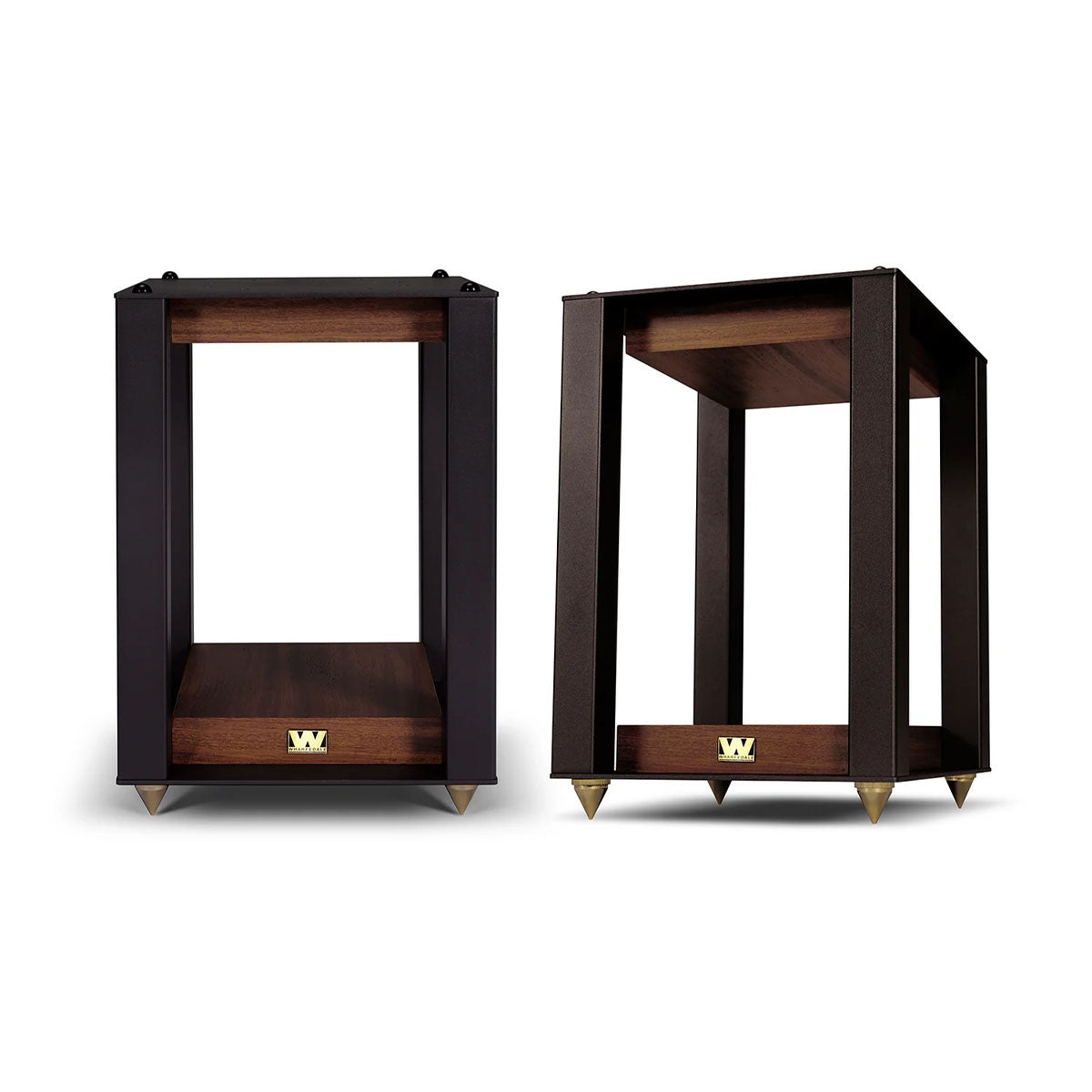Wharfedale Linton Stands - pair in walnut - front and angled front views