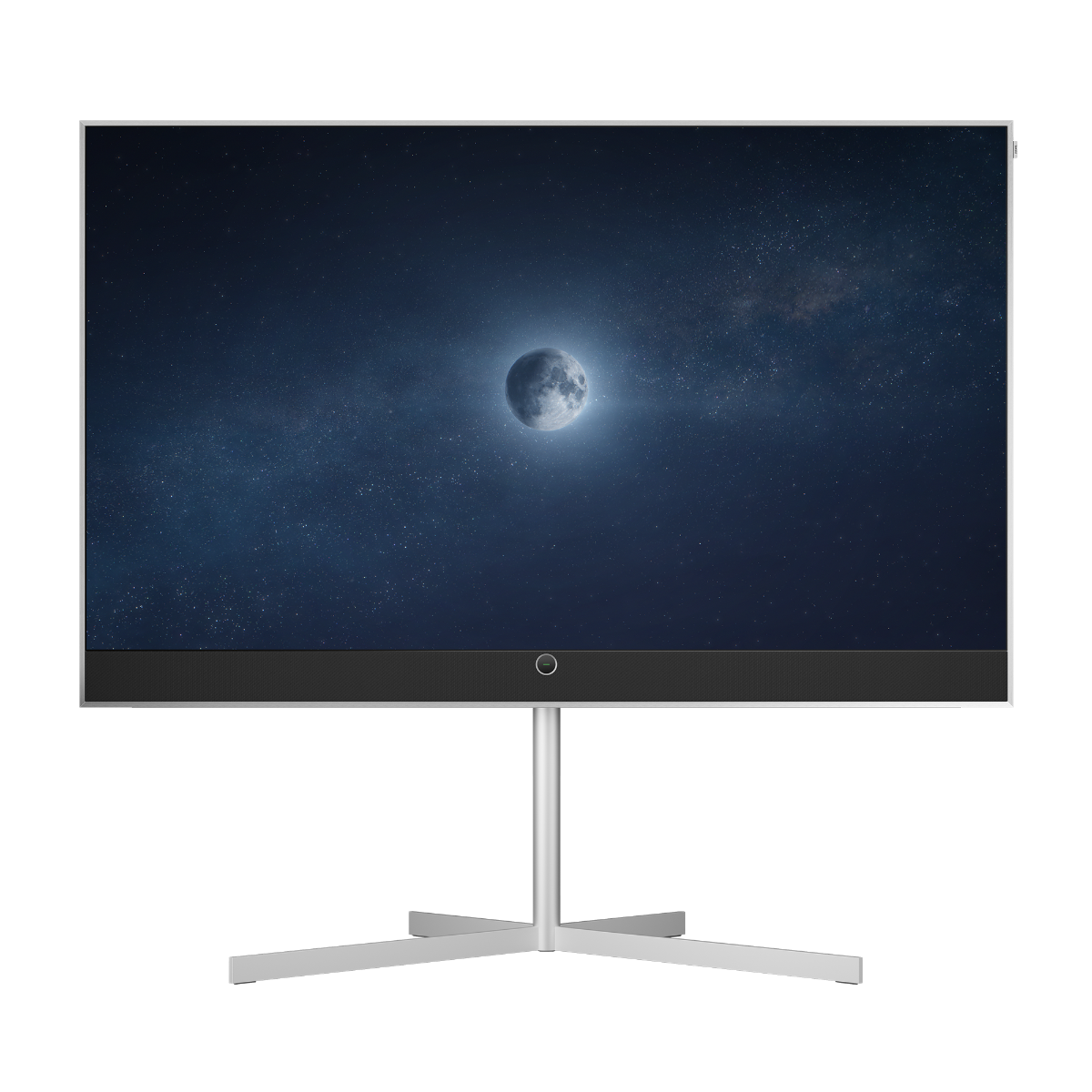 A modern flat-screen monitor with a slim white bezel and a silver metal stand, displaying a night-sky scene with the moon on the screen, set against a plain white background.