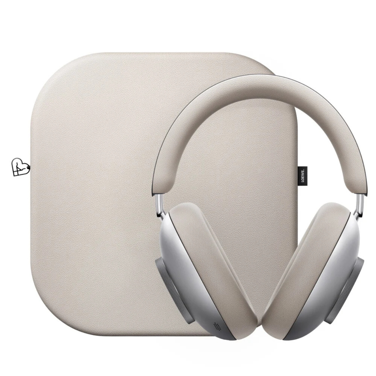 Over-ear wireless headphones in a warm light beige/taupe color, shown in front of a matching rectangular carrying case on a plain white background.