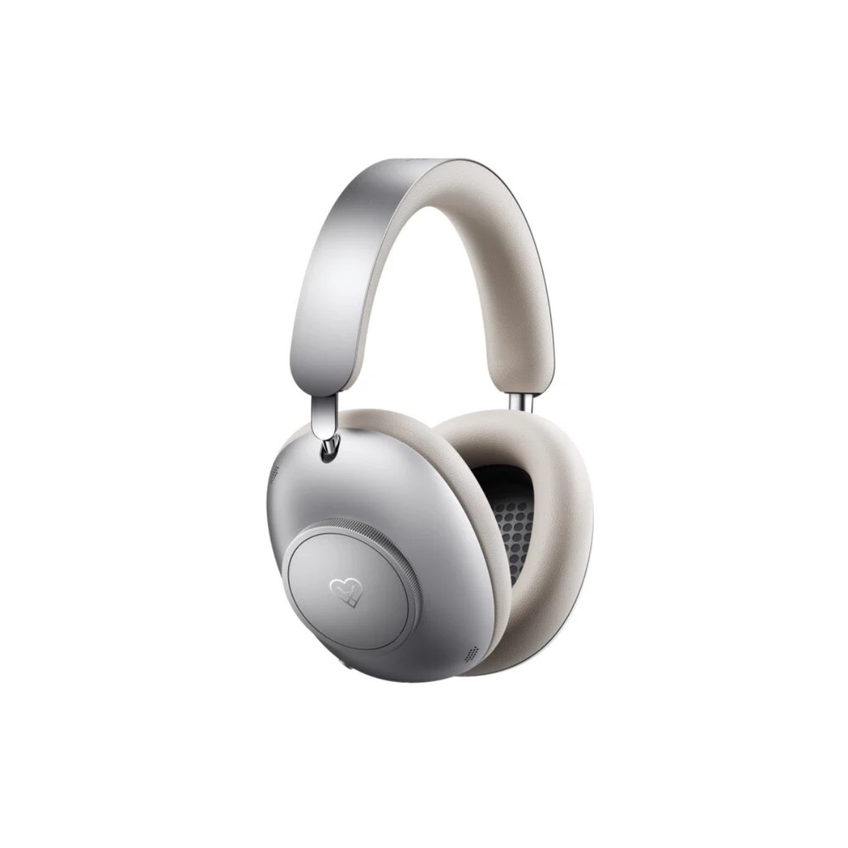 Silver and beige over-ear Leowe Leo wireless headphones shown from a three-quarters angle on a solid white background.