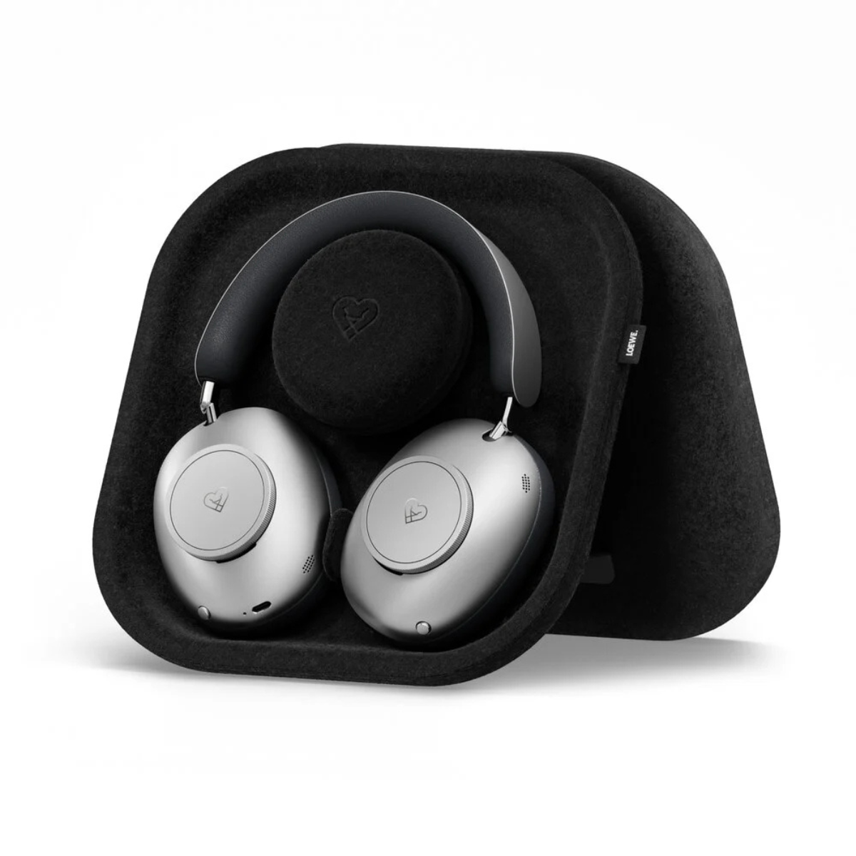 Black and silver Leowe Leo headphones in a black carrying case on a white background