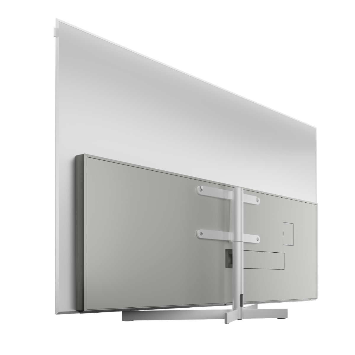 A modern flat-screen TV shown from the back, featuring a large silver-gray panel, a central mounting bracket, and a slim stand on a plain white background.