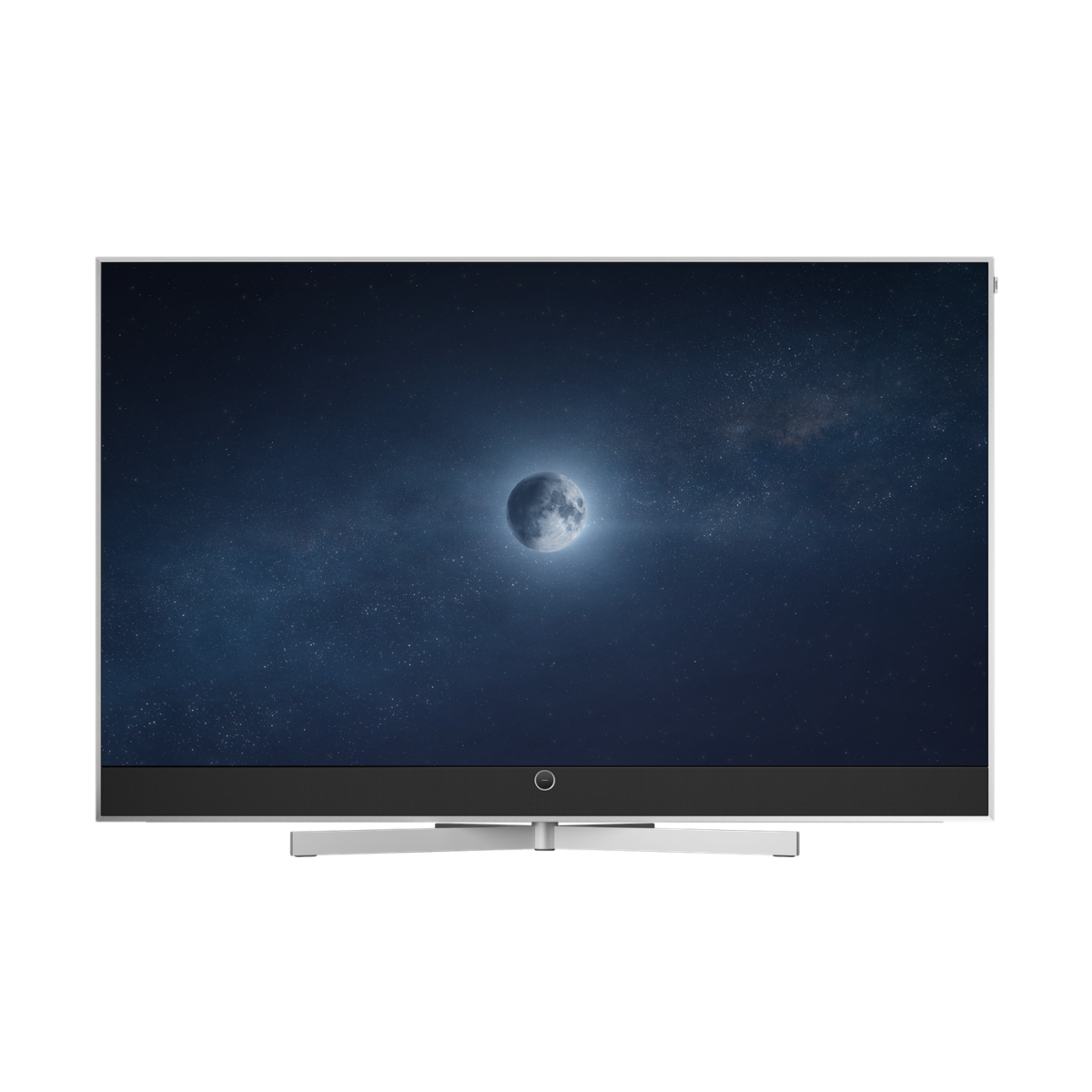 A modern flat-screen television with a Loewe Motorized Table Stand - Stellar 77-83" Alu displaying a dark night sky with a glowing moon on the screen, set against a plain white background.