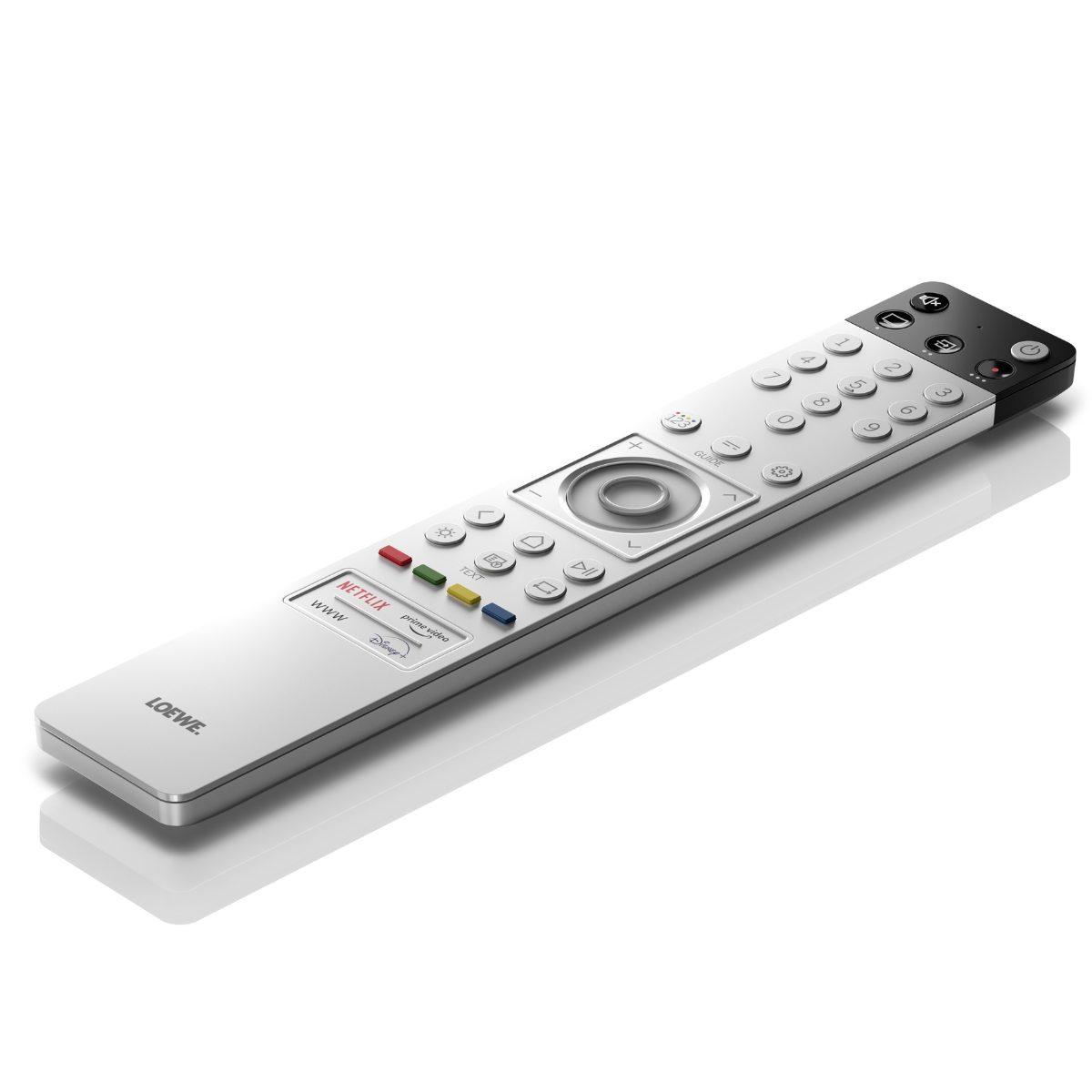 A modern silver and black smart TV remote control with colorful button accents, shown at an angle on a clean white background with a soft reflection.