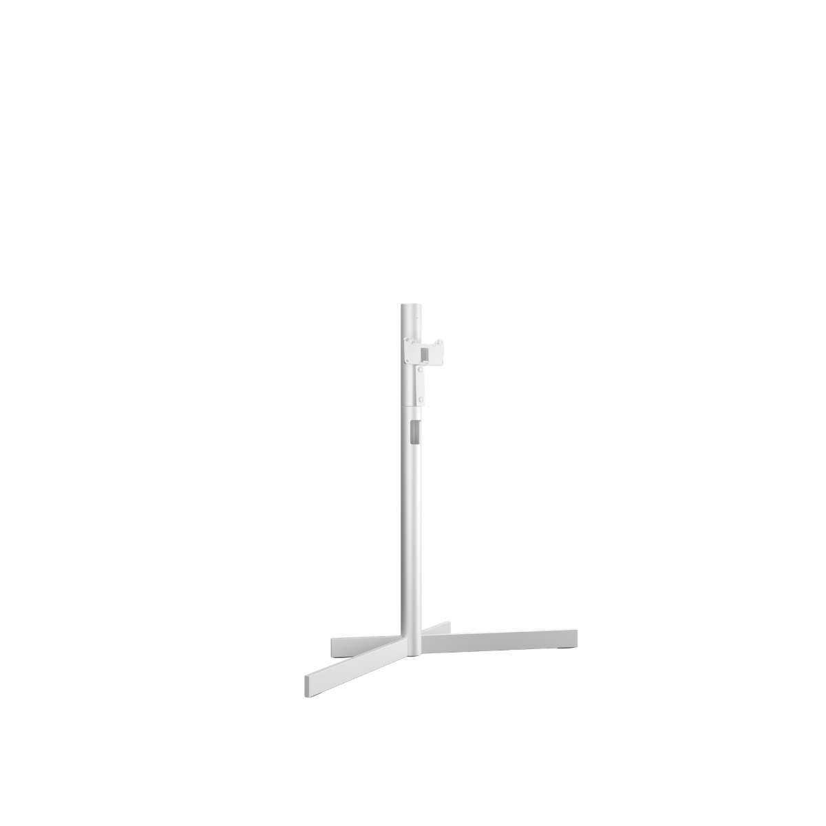 A minimalist white metal Loewe Stellar stand with a vertical post and a wide, stable base, shown against a solid white background.