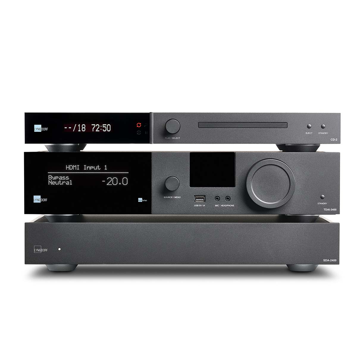 Lyngdorf SDA-2400 Stereo Semi-Digital Power Amplifier front view on bottom of a stack of units