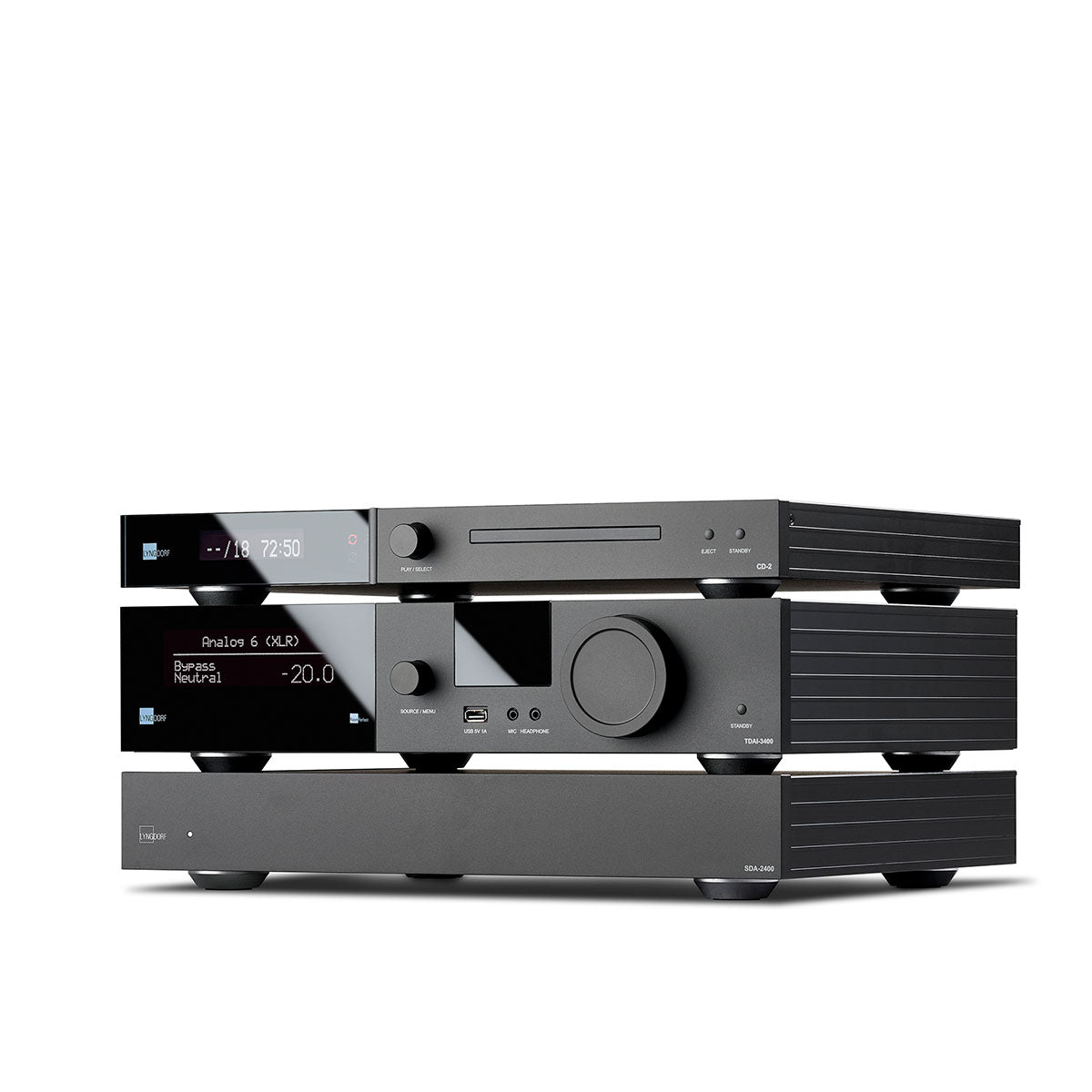 Lyngdorf SDA-2400 Stereo Semi-Digital Power Amplifier front view angled left on bottom of a stack of units