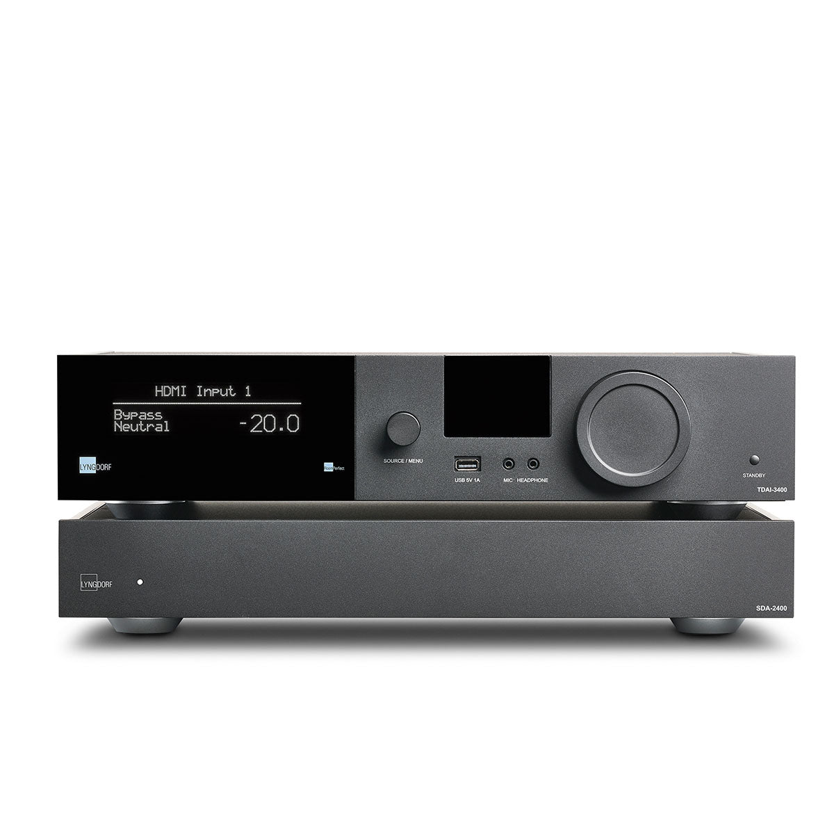 Lyngdorf SDA-2400 Stereo Semi-Digital Power Amplifier front view with TDAI-3400 stacked on top