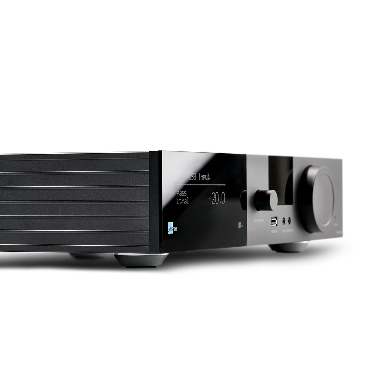 Lyngdorf TDAI-3400 Flagship Digital Integrated Amplifier with RoomPerfect side and front view facing right