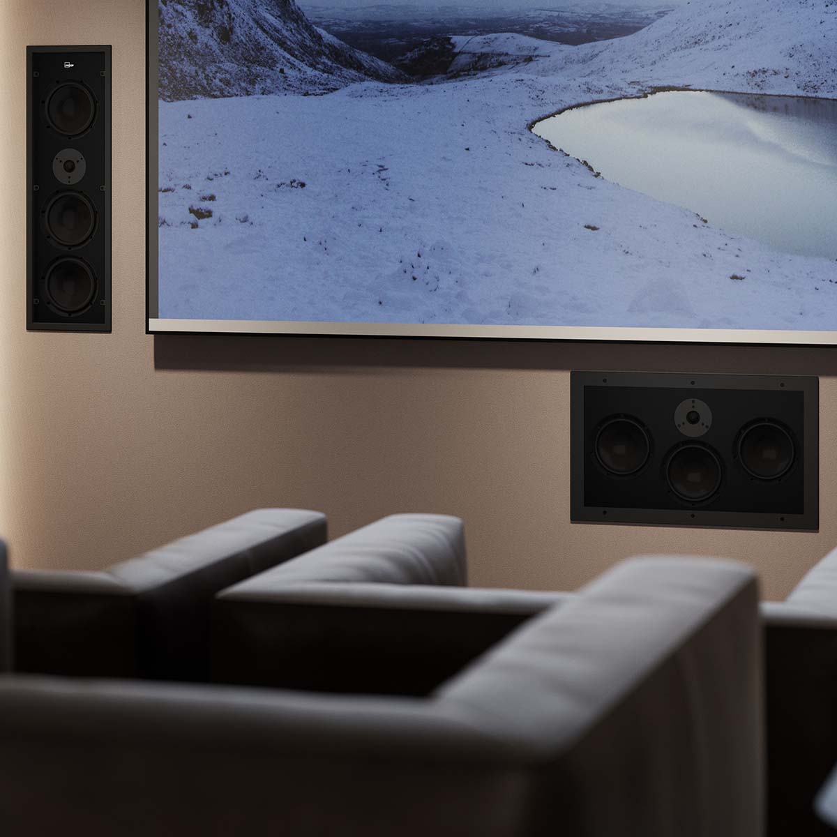 Lyngdorf D-500 Center Speaker lifestyle shot of unit below theater screen
