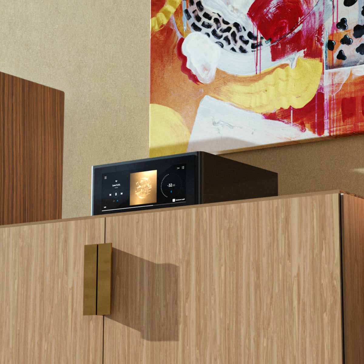 NAD M10 V3 BluOS Streaming Amplifier lifestyle shot on wooden cabinet angled left