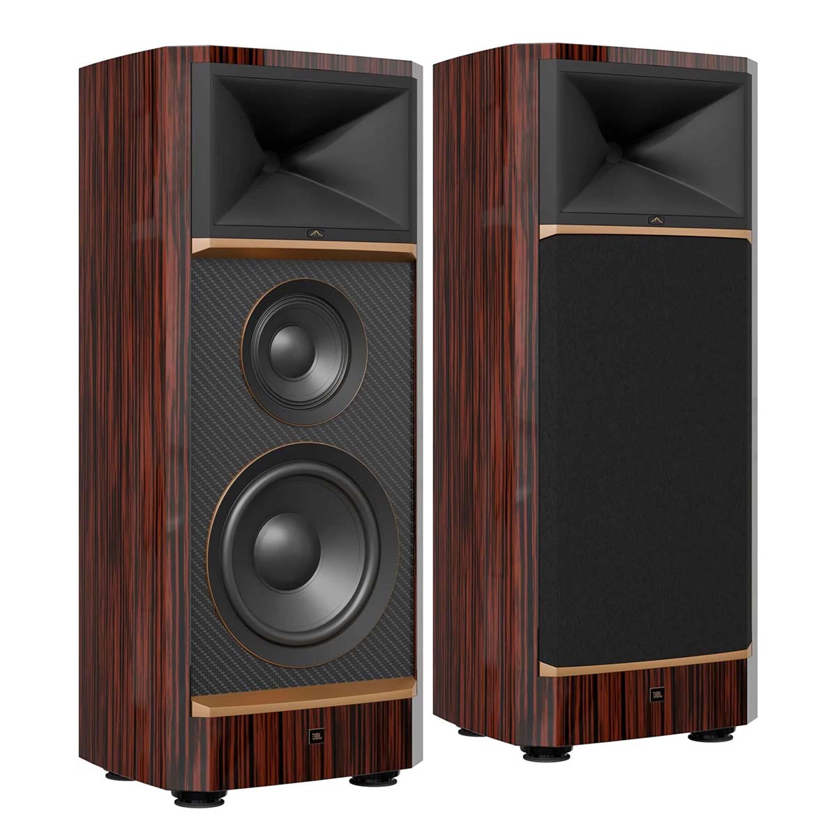 JBL Summit Makalu Floorstanding Loudspeaker - Ebony - Pair of speakers angled right - left speaker without grille, right speaker with grille
