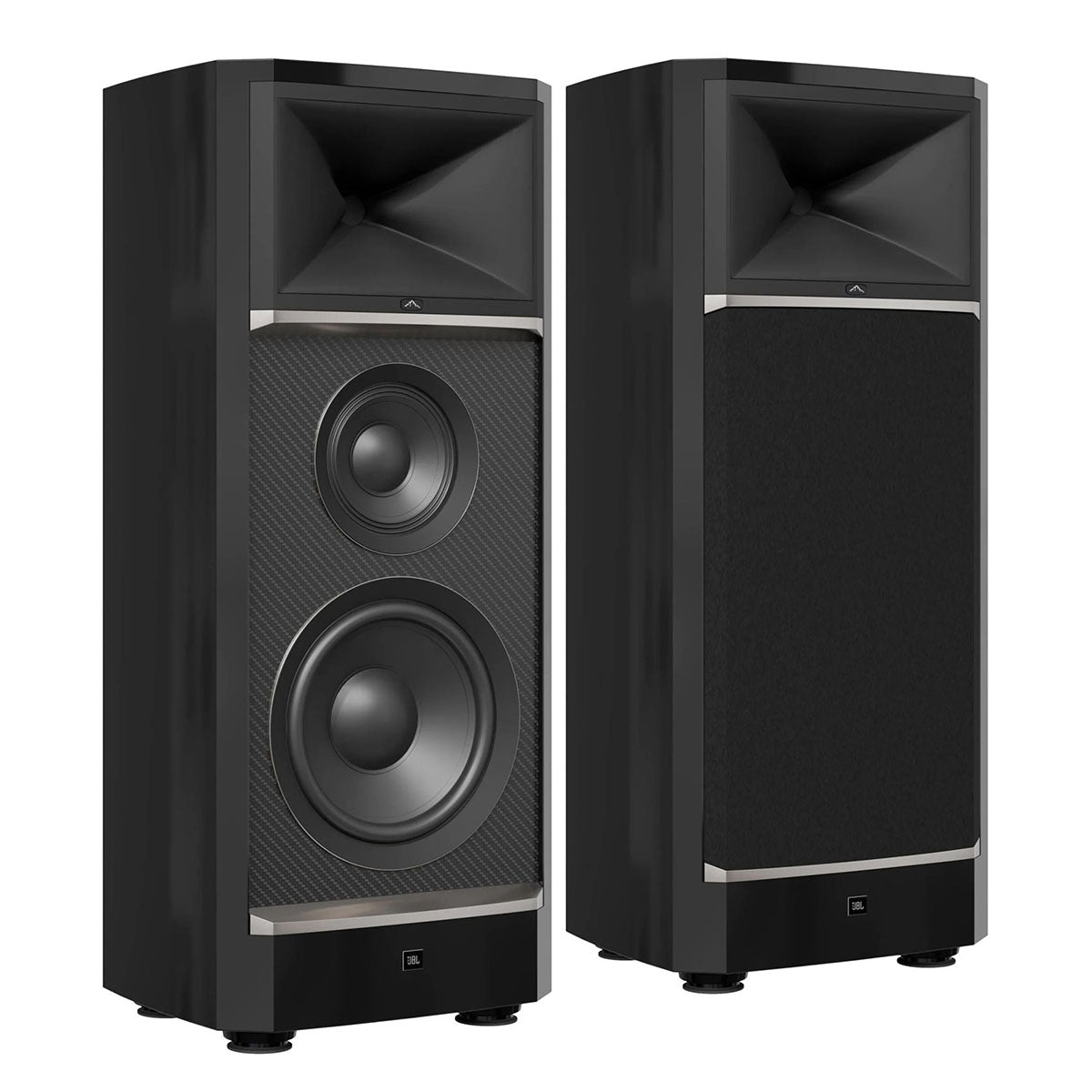JBL Summit Makalu Floorstanding Loudspeaker - Black - Pair of speakers angled right - left speaker without grille, right speaker with grille
