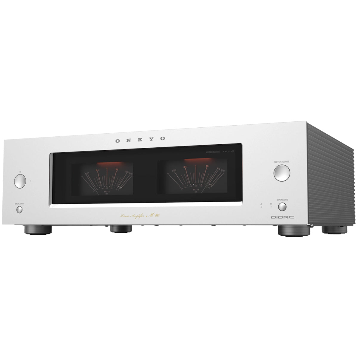 Onkyo Icon M-80 2-Channel HiFi Power Amplifier silver angled front view